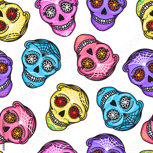 Calavera sign Dia de los muertos. Seamless pattern. Mexican Day of the dead. Vector hand darwing illustration woman and man sticker photo