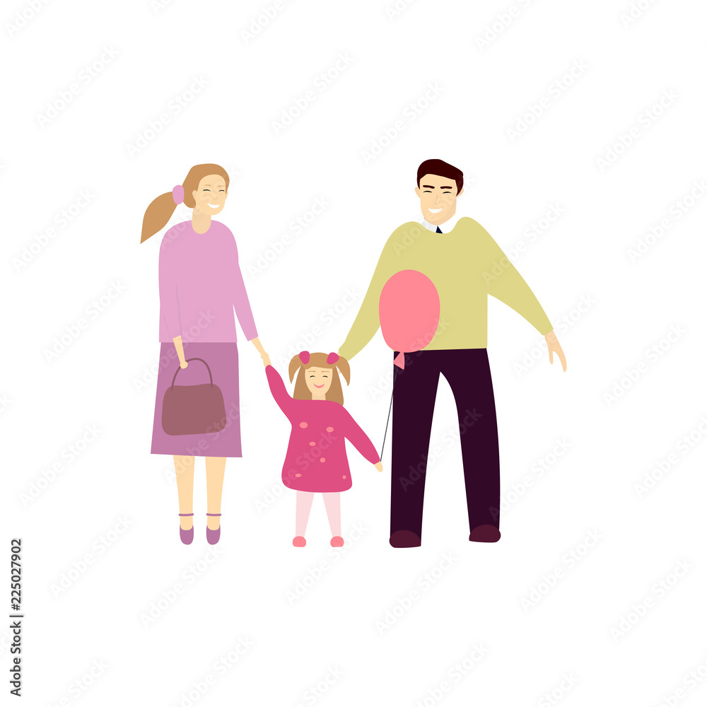Vector illustration of couple with their little daughter. Happy