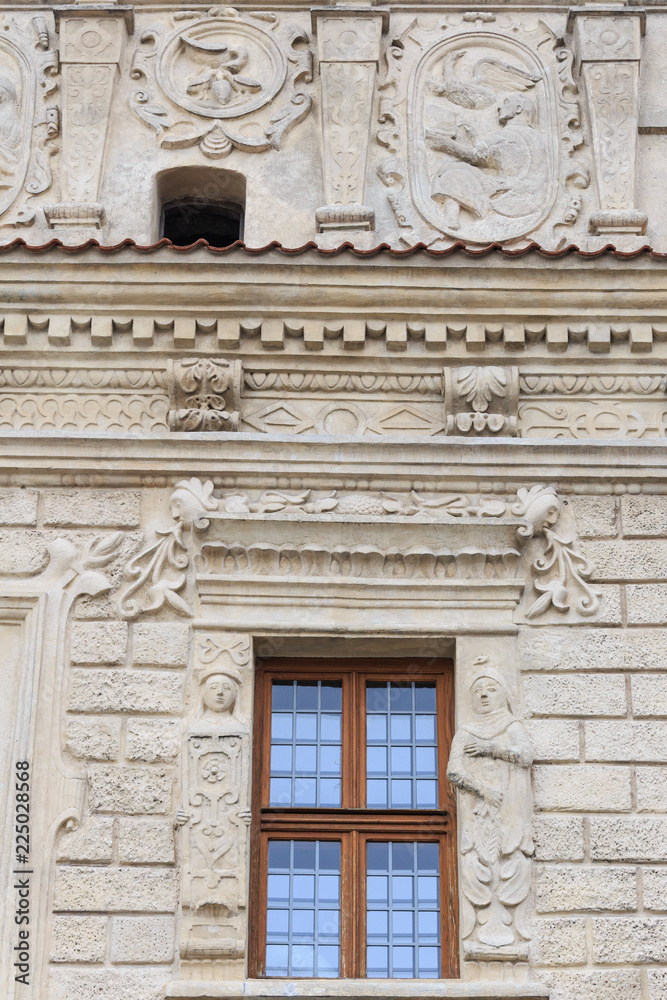 Facade details of famous St. Christopher tenement house in Kzimierz Dolny on Vistula river in Poland