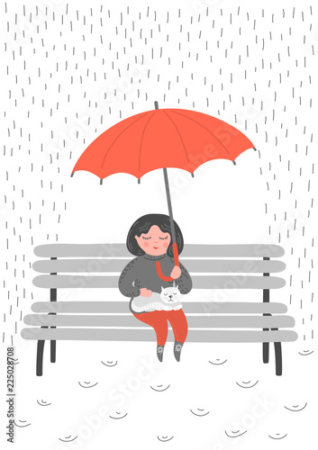 Little girl with white cat red umbrella in the rain. Baby girl sitting on the bench with in the rain. Original vector illustration.
