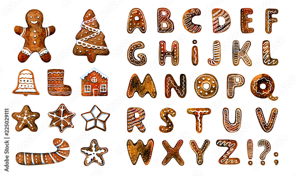 Set with gingerbread cookies figures and alphabet. Hand drawn cartoon watercolor illustration