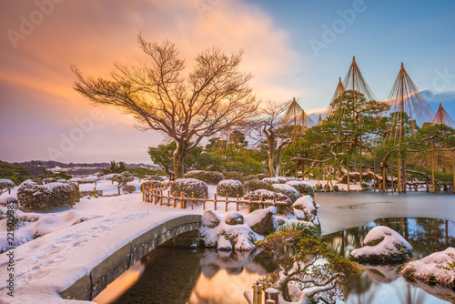 Kanazawa, Japan winter at Kenrokuen Garden at dawn.