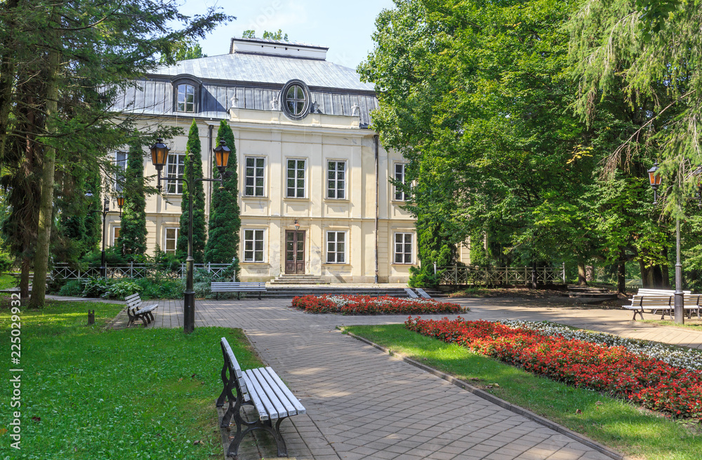 Malachowski Palace and Malachowski Aleja in Spa Park in Naleczow near Lublin in Poland - obrazy, fototapety, plakaty 