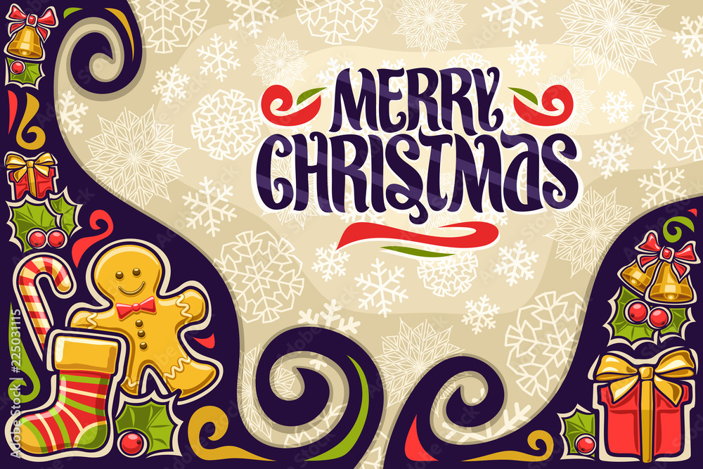 Vector greeting card for Merry Christmas with copy space, dark border with light snowflakes background, original brush letters for calligraphy lettering merry christmas, cute xmas elements for decor. Vector greeting card for Merry Christmas with copy space, dark border with light snowflakes background, original brush letters for calligraphy lettering merry christmas, cute xmas elements for decor.