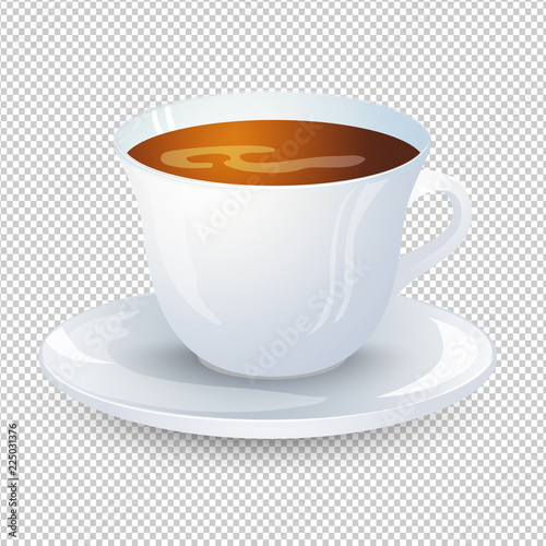 Classic black coffee in a white cup with a saucer isolated on a transparent background. Favorite morning drink. Vector illustration.