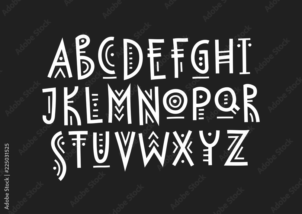 Vector trendy uppercase alphabet in ethnic style made of lines of different thicknesses.