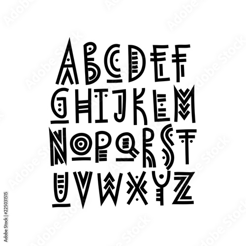 Vector trendy uppercase alphabet in ethnic style made of bold lines.