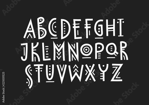 Vector trendy uppercase alphabet in ethnic style made of lines of different thicknesses.