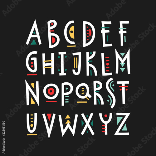 Vector trendy uppercase alphabet with colorful geometric decor.