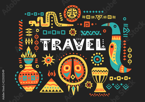 Vector tourist poster with hand-drawn african symbols and lettering "Travel" on a black background.
