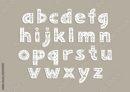 Vector lowercase alphabet. Cut out letters with scandinavian patterns for a laser cutting template of paper and vinyl. For monograms, initials.