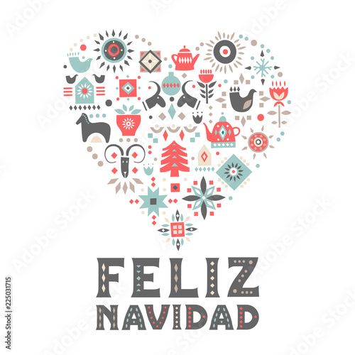 Vector concept of festive card. Heart made of festive symbols and an inscription "Feliz Navidad" (Merry Christmas, Spanish)