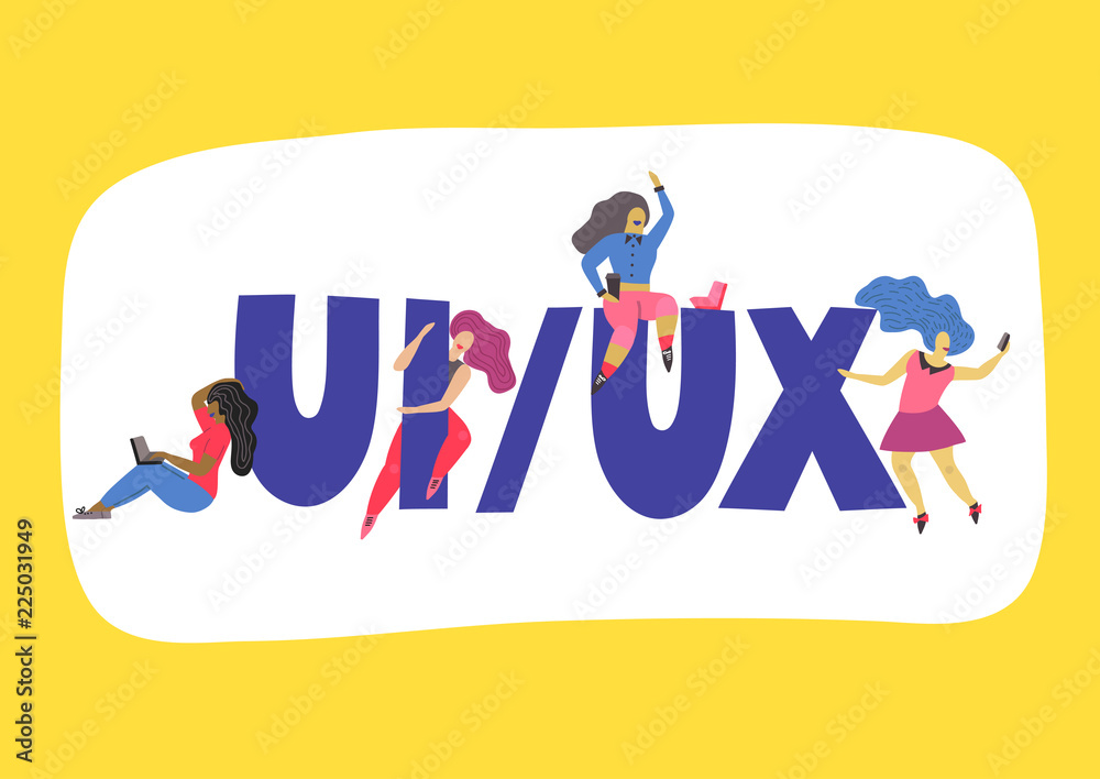 Small women in different poses and giant letters UI/UX. Vector concept ...