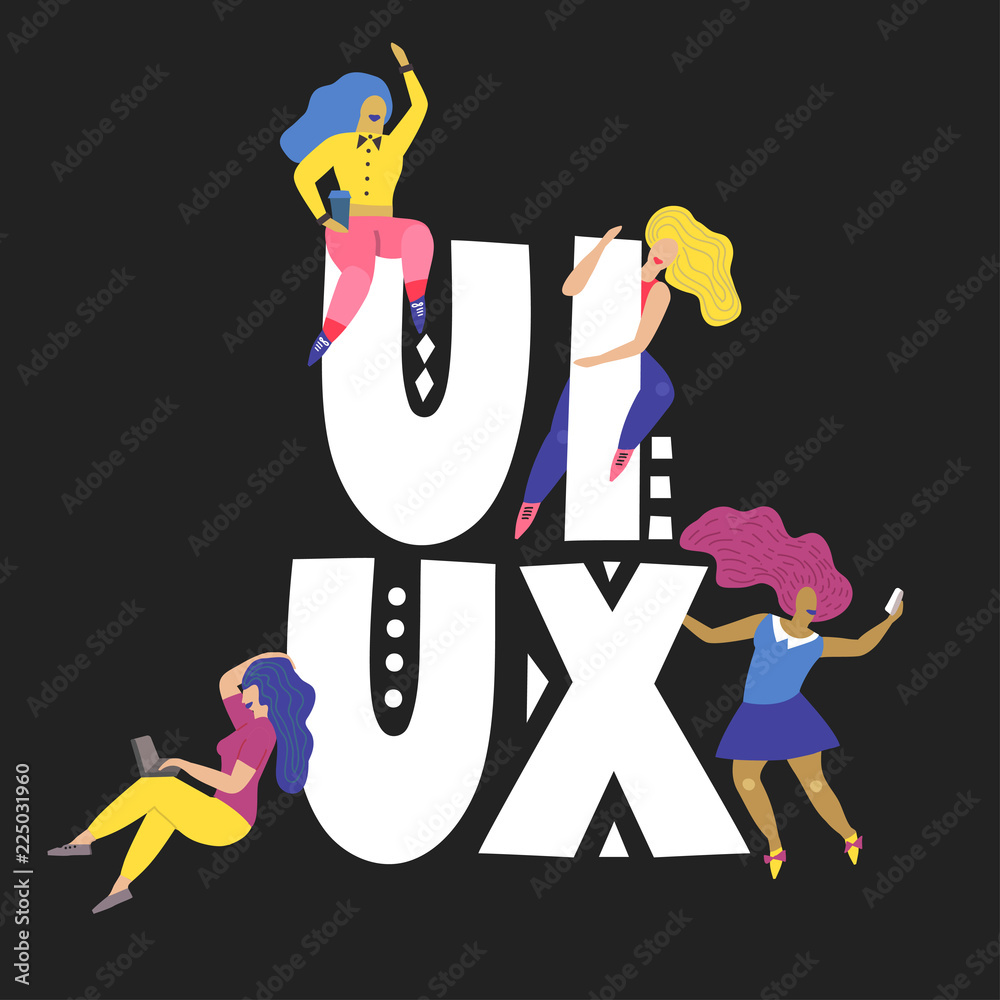 Small women in different poses and giant letters UI/UX. Vector concept ...