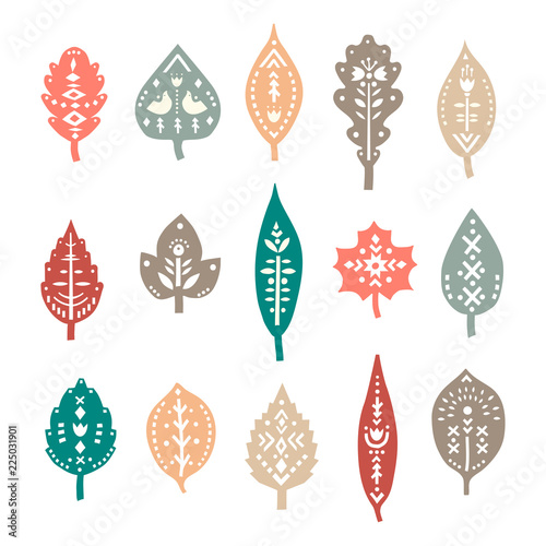 Vector set of autumn leaves decorated with ethnic patterns.