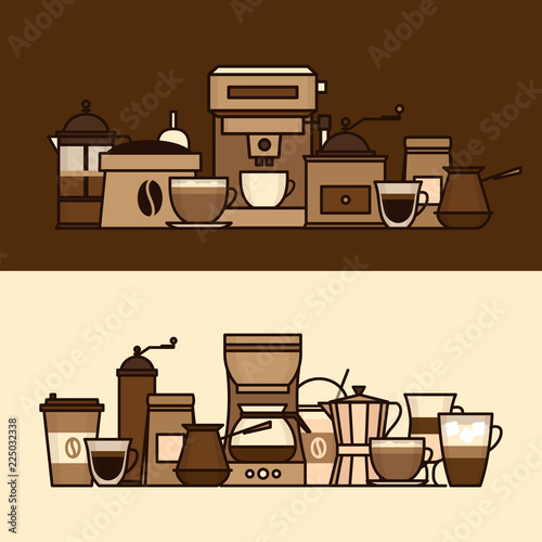 Coffee objects and equipment. Cup and coffee brewing methods. Coffee makers and coffee machines, kettle, french press, moka pot, cezve. Flat style, vector illustration.