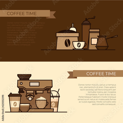 Coffee objects and equipment. Cup and coffee brewing methods. Coffee makers and coffee machines, kettle, french press, moka pot, cezve. Flat style, vector illustration.