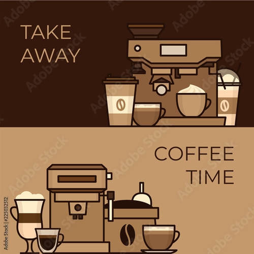 Coffee objects and equipment. Cup and coffee brewing methods. Coffee makers and coffee machines, kettle, french press, moka pot, cezve. Flat style, vector illustration.