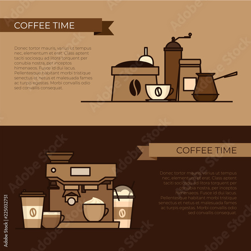 Coffee objects and equipment. Cup and coffee brewing methods. Coffee makers and coffee machines, kettle, french press, moka pot, cezve. Flat style, vector illustration.