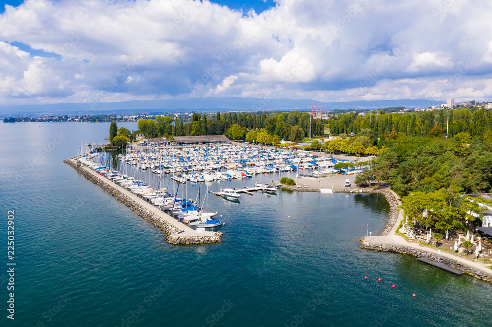 Fototapeta premium Aerial view of Ouchy waterfront in Lausanne, Switzerland
