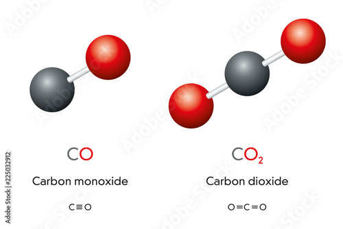 Carbon monoxide CO and carbon dioxide CO2 molecule models and chemical formulas. Gas. Ball-and-stick models, geometric structures and structural formulas. Illustration on white background. Vector.