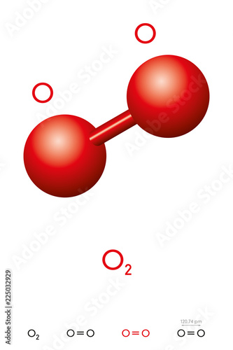 Oxygen, O2, molecule model and chemical formula. Also dioxygen, diatomic or molecular oxygen. Ball-and-stick model, geometric structure and structural formula. Illustration on white background. Vector