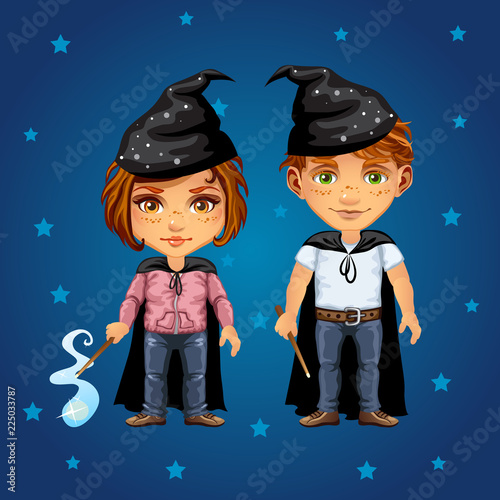 A young boy and girl with a magic wand. A sketch magic poster or party invitation. Cartoon vector close-up illustration.