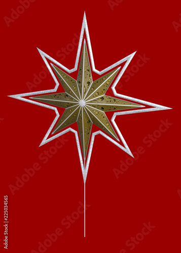 golden  christmas star isolated on red, 3d rendering