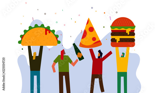 Vector illustration of taco, pizza, burger and people dancing. People and Food Celebration. 