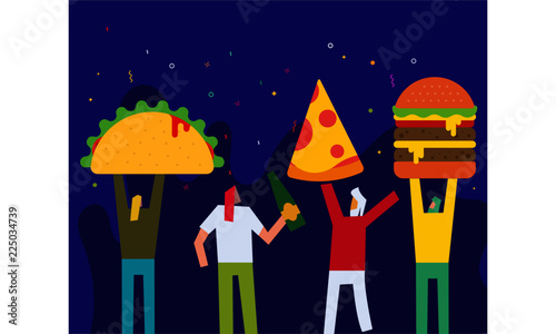 Vector illustration of taco, pizza, burger and people dancing. People and Food Celebration. 