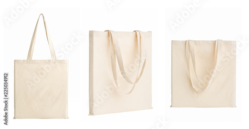 set of bags made of white cotton fabric, isolated on white background