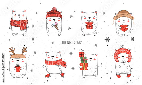 Vector collection of line drawing cute winter bears in cozy clothes