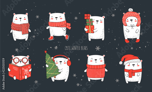 Vector collection of line drawing cute winter bears in cozy clothes