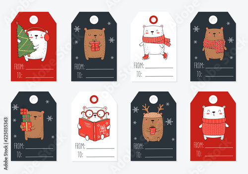 Vector line drawing tags collection of cute winter bears in flat design