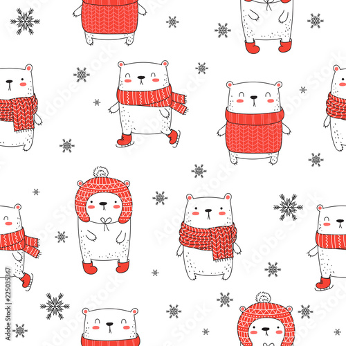 Vector seamless pattern with cute winter bears in flat design