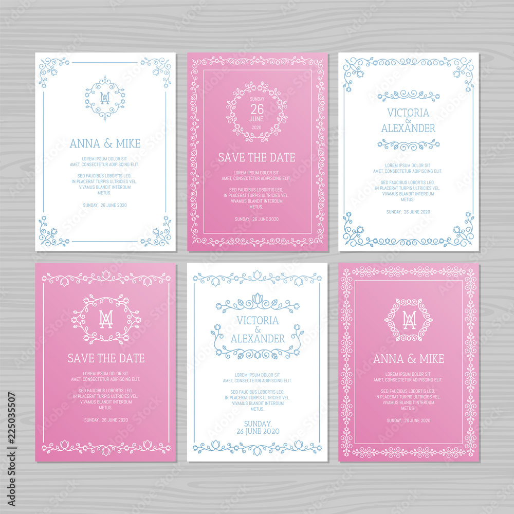 Luxury wedding invitation or greeting card set with floral ornament. Vector illustration.