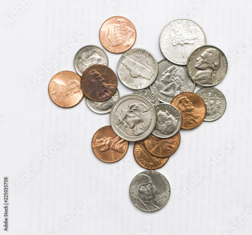 Different coins of USA isolated on the white background