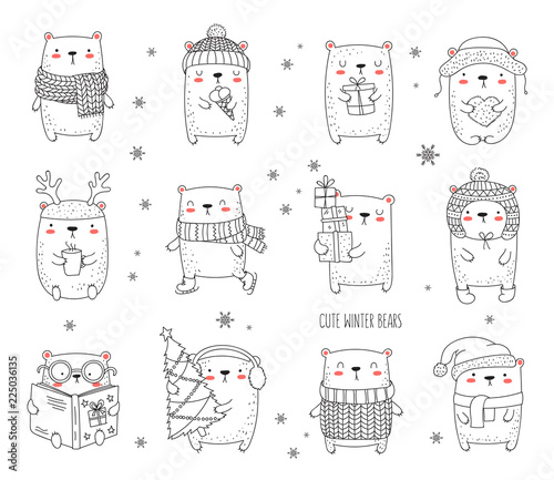 Vector line drawing postcard with cute winter bear and cozy slogan in flat design