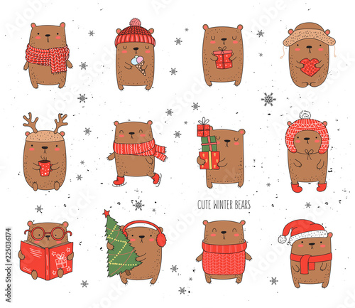 Vector collection of line drawing cute winter bears in cozy clothes