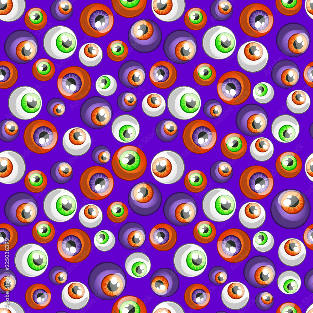 Texture of human colorful eyeballs isolated on purple background. Sketch for card seamless texture for wrapping paper on theme of holiday of evil spirit Halloween. Cartoon vector close-up illustration