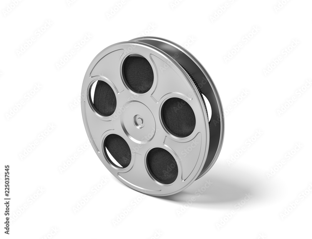 3d rendering of a single movie reel with steel casing on a white background.