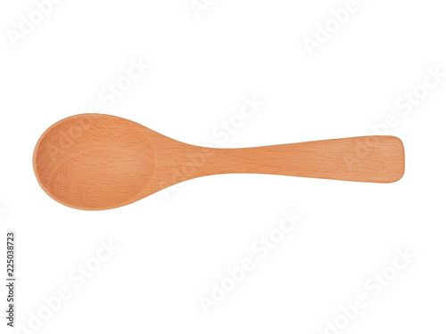Top view of brown and warm color empty wooden spoon isolated on white background.Spoon is a small, shallow oval on a long handle, used for eating and stirring food.