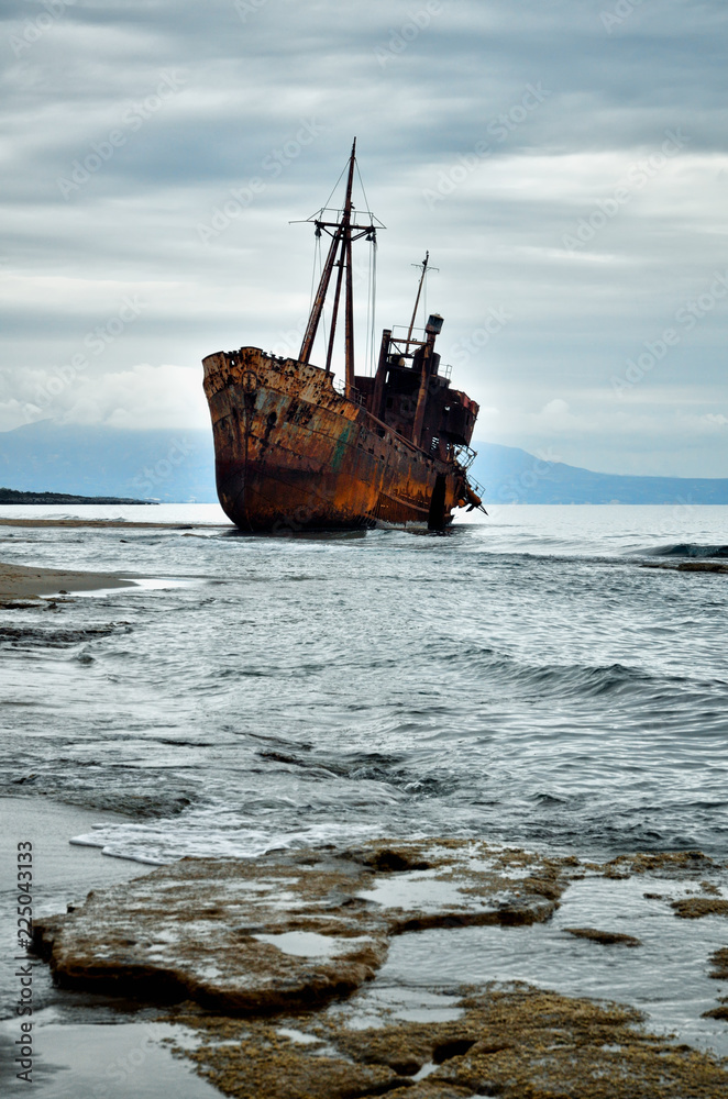 Dimitrios is an old ship wrecked on the Greek coast and abandoned on the beach Dimitrios is an old ship wrecked on the Greek coast and abandoned on the beach