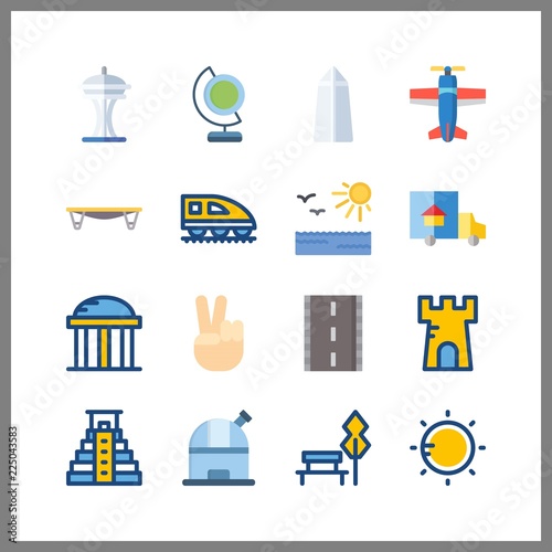 16 sunrise icon. Vector illustration sunrise set. plane and train icons for sunrise works