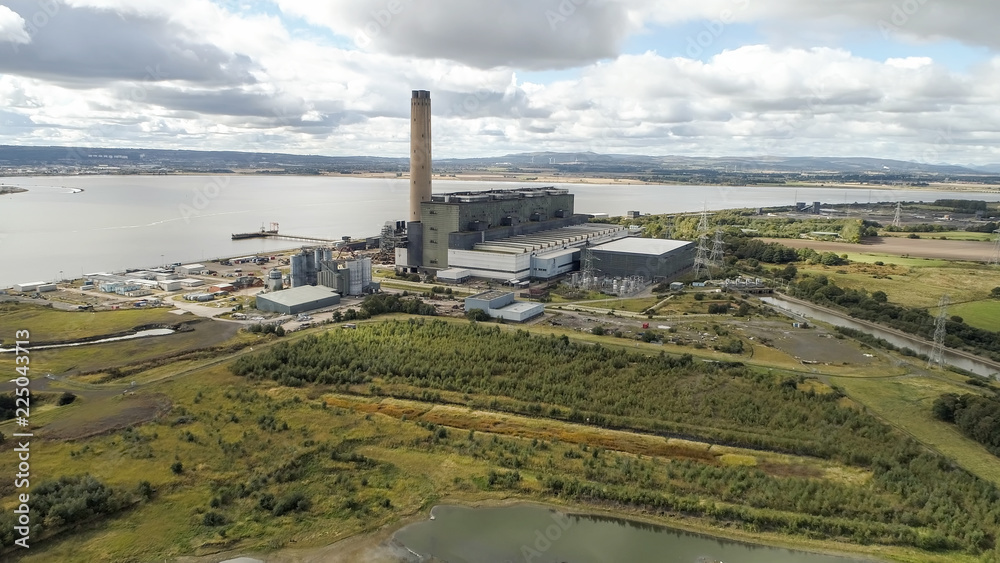 Aerial image of Longannet power station on the north coast of the Firth of Forth in Scotland, near Kincardine. Now disused and in the process of being demolished.