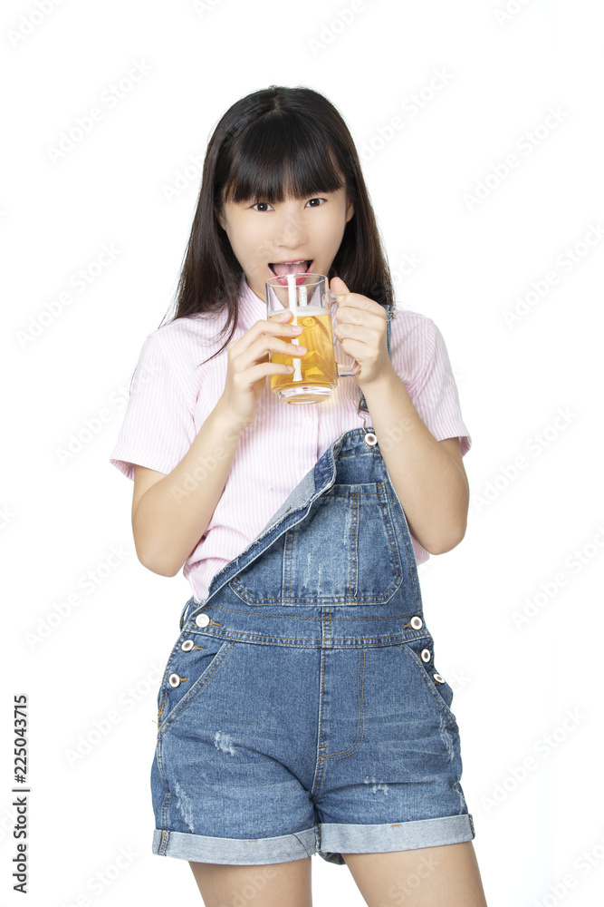 Chinese woman holding mug of beer isolated on white background Chinese woman holding mug of beer isolated on white background