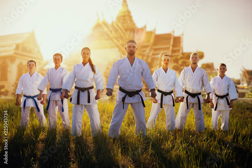 Male and female karate group against temple