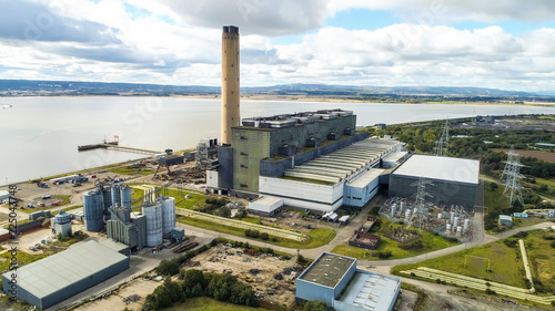 Aerial image of Longannet power station on the north coast of the Firth of Forth in Scotland, near Kincardine. Now disused and in the process of being demolished.