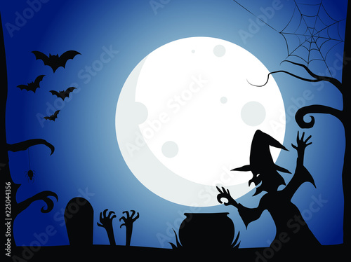 Halloween background, Witches spells, Full moon shine,  blue background, vector illustration EPS 10