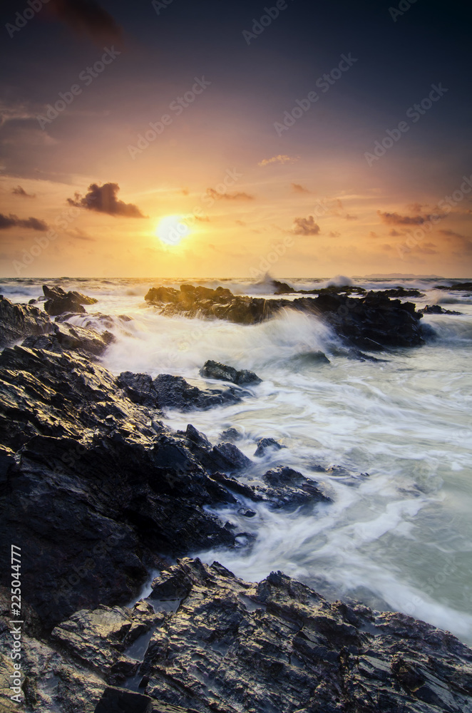Amazing nature seascape background with beautiful color of sunrise, Soft focus due to long exposure.